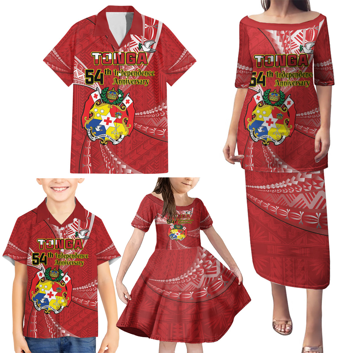 Personalised Tonga Independence Day Family Matching Puletasi and Hawaiian Shirt Happy 54th Independence Anniversary Ngatu Pattern LT14 - Polynesian Pride