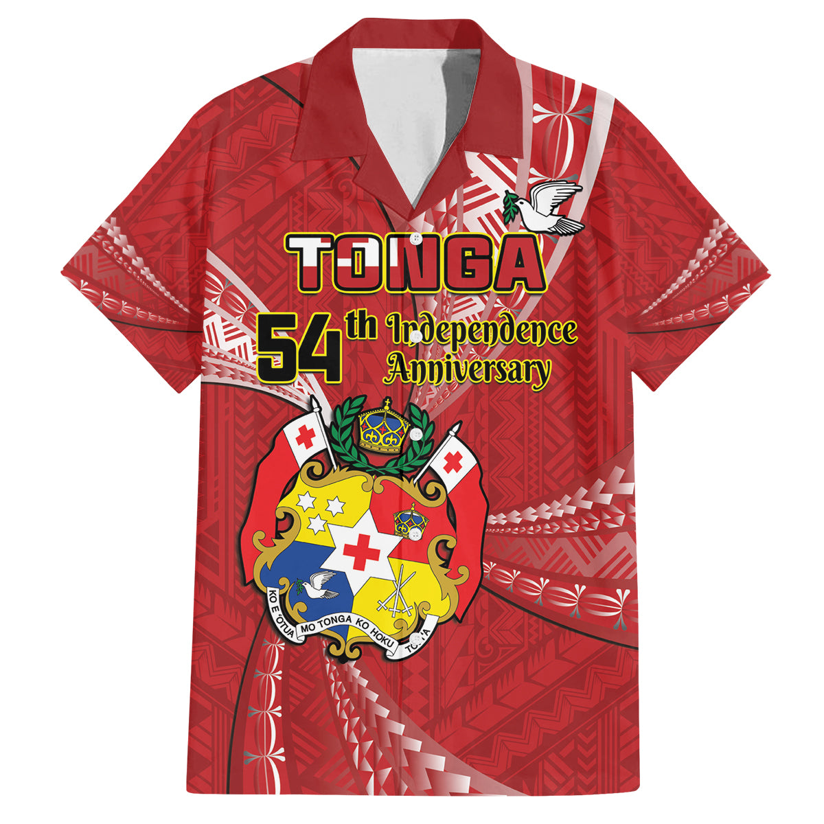 Personalised Tonga Independence Day Family Matching Puletasi and Hawaiian Shirt Happy 54th Independence Anniversary Ngatu Pattern LT14 Dad's Shirt - Short Sleeve Red - Polynesian Pride