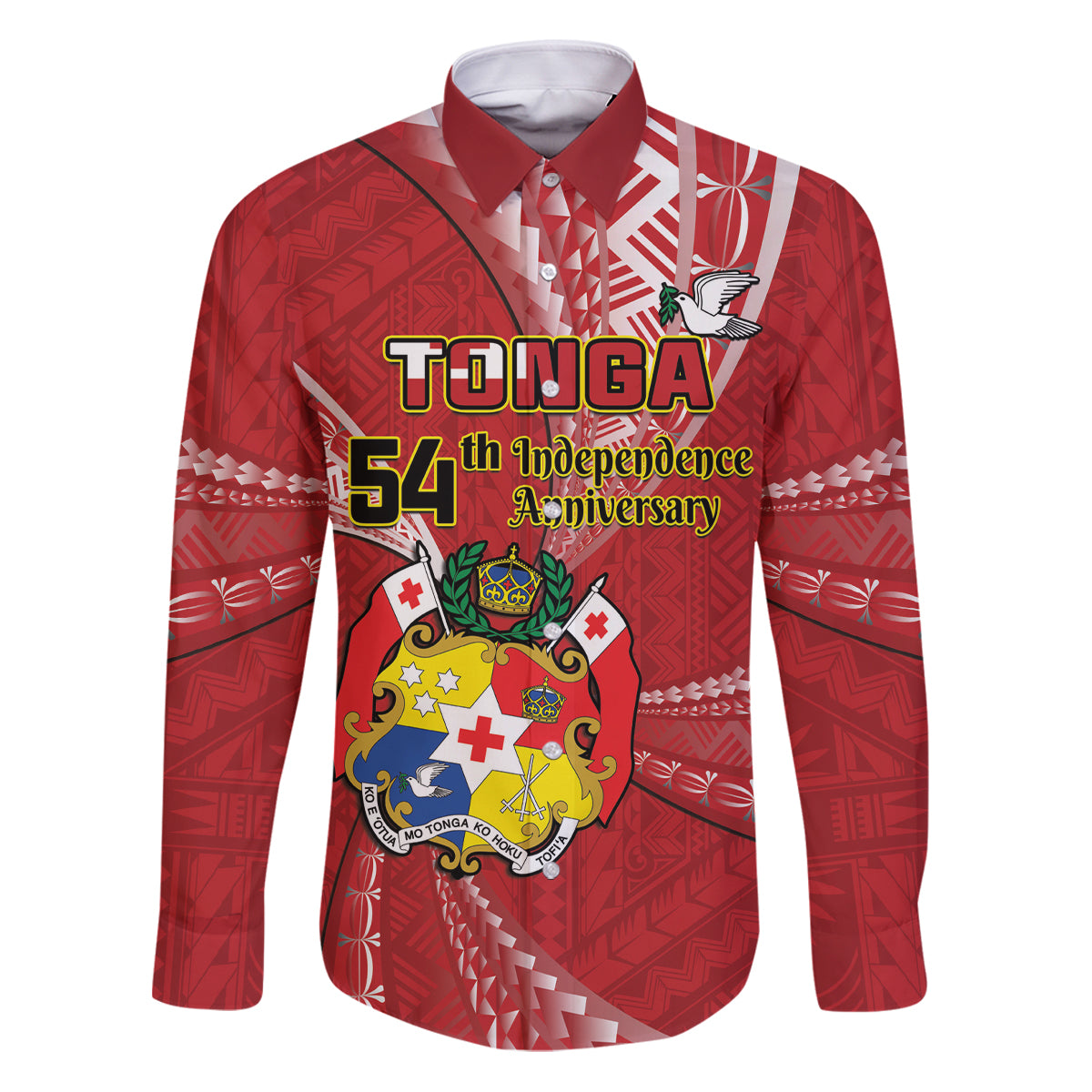Personalised Tonga Independence Day Family Matching Puletasi and Hawaiian Shirt Happy 54th Independence Anniversary Ngatu Pattern LT14 Dad's Shirt - Long Sleeve Red - Polynesian Pride