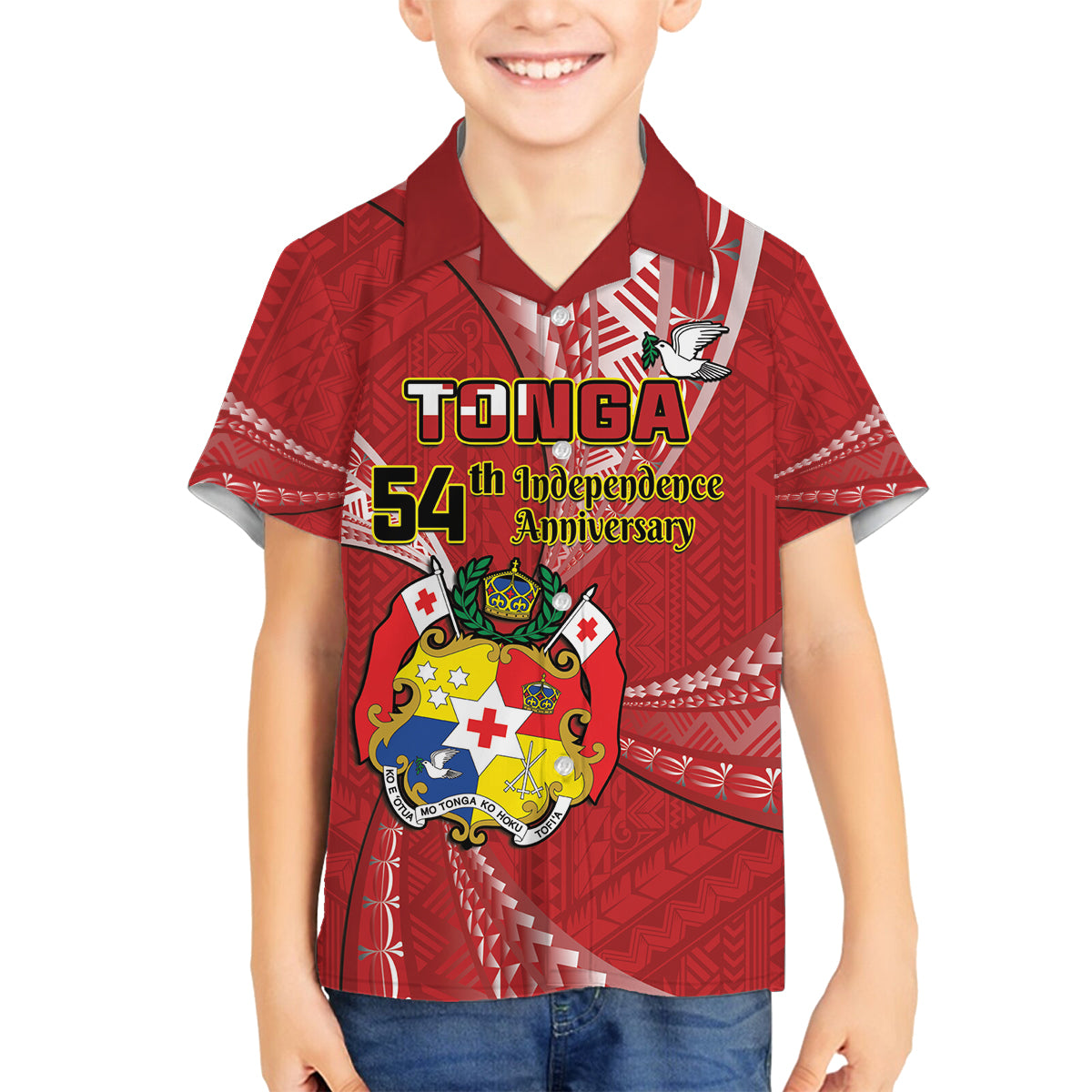 Personalised Tonga Independence Day Family Matching Puletasi and Hawaiian Shirt Happy 54th Independence Anniversary Ngatu Pattern LT14 Son's Shirt Red - Polynesian Pride