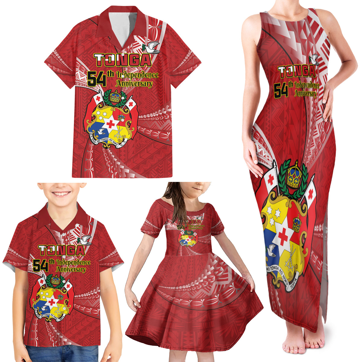 Personalised Tonga Independence Day Family Matching Tank Maxi Dress and Hawaiian Shirt Happy 54th Independence Anniversary Ngatu Pattern LT14 - Polynesian Pride