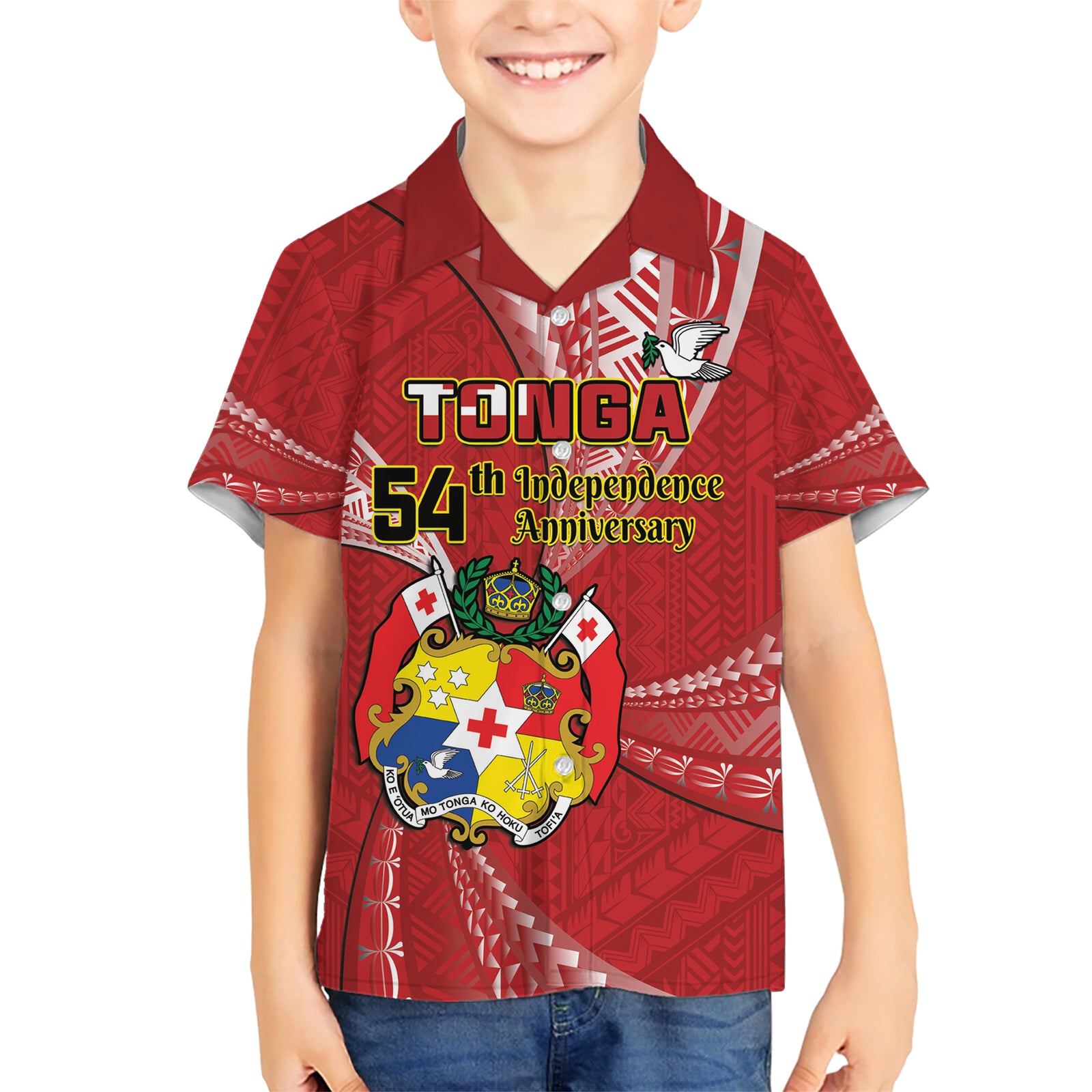 Personalised Tonga Independence Day Kid Hawaiian Shirt Happy 54th Independence Anniversary Ngatu Pattern LT14 Kid Red - Polynesian Pride