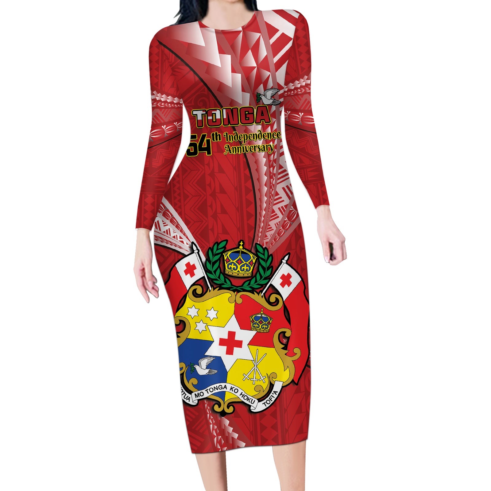 Personalised Tonga Independence Day Long Sleeve Bodycon Dress Happy 54th Independence Anniversary Ngatu Pattern LT14 Long Dress Red - Polynesian Pride