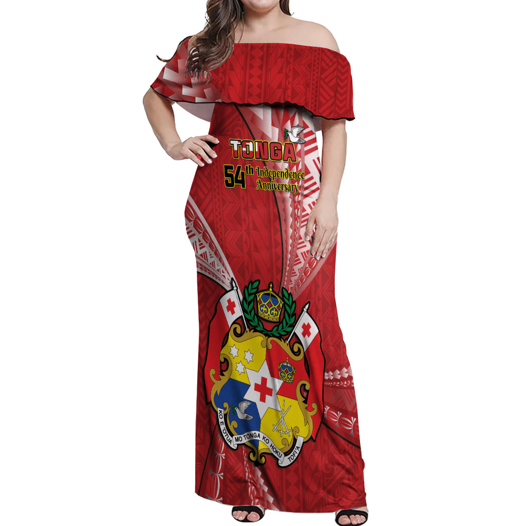 Personalised Tonga Independence Day Off Shoulder Maxi Dress Happy 54th Independence Anniversary Ngatu Pattern LT14 Women Red - Polynesian Pride