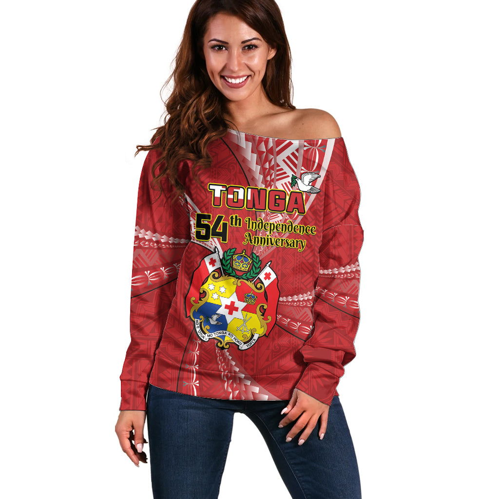 Personalised Tonga Independence Day Off Shoulder Sweater Happy 54th Independence Anniversary Ngatu Pattern LT14 Women Red - Polynesian Pride
