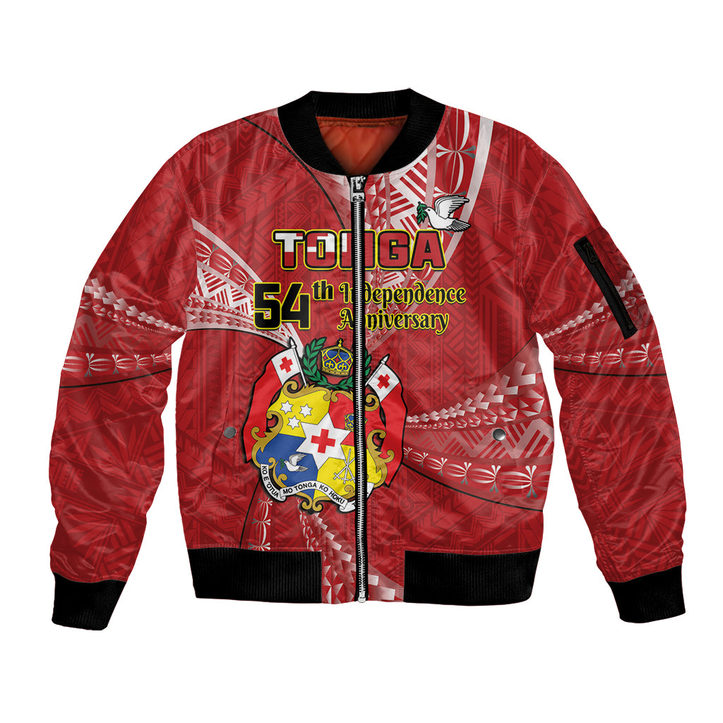 Personalised Tonga Independence Day Sleeve Zip Bomber Jacket Happy 54th Independence Anniversary Ngatu Pattern LT14 Unisex Red - Polynesian Pride