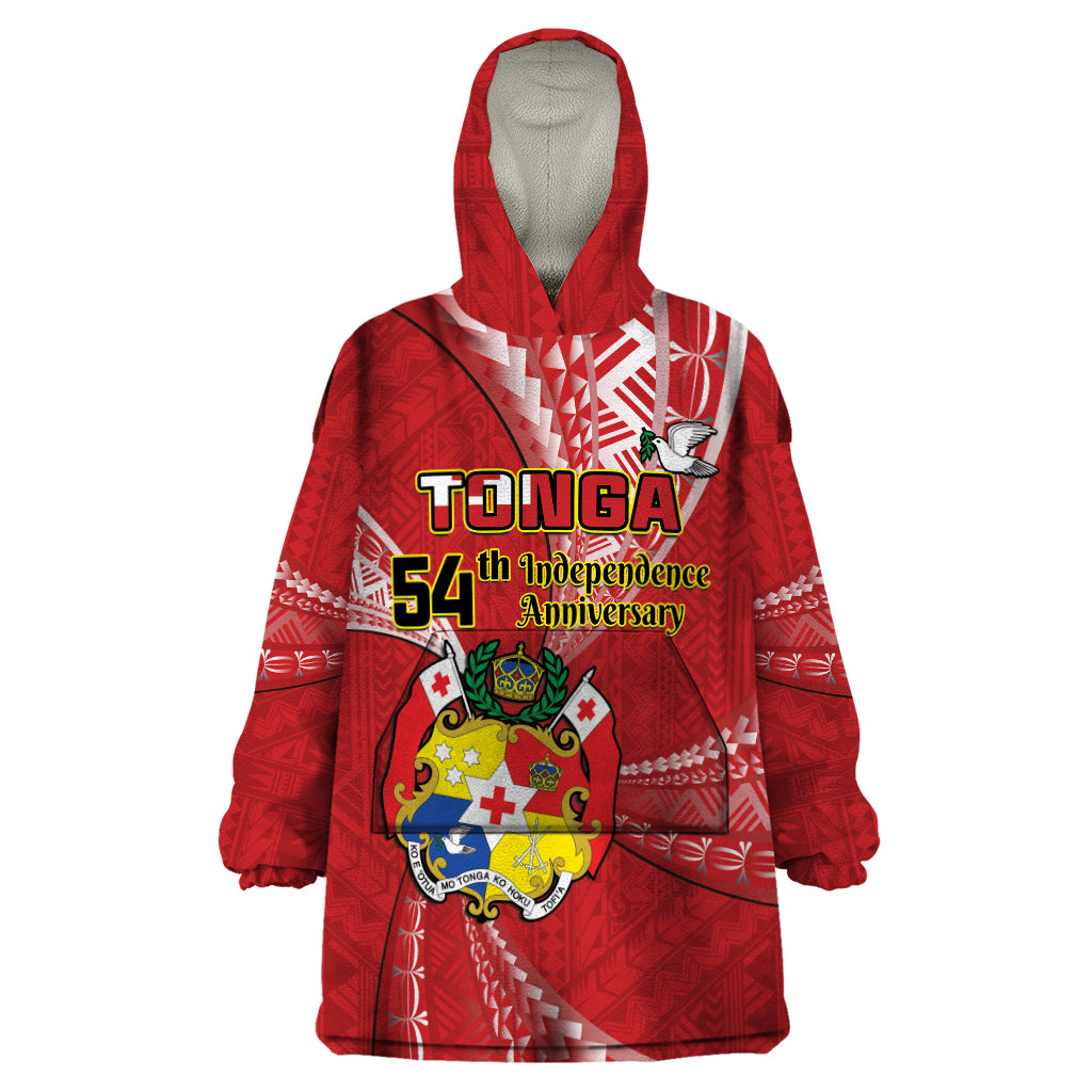 Personalised Tonga Independence Day Wearable Blanket Hoodie Happy 54th Independence Anniversary Ngatu Pattern LT14 One Size Red - Polynesian Pride