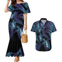 Polynesia Sea Turtle Day Couples Matching Mermaid Dress and Hawaiian Shirt Tribal Honu Plumeria Polynesian Pattern