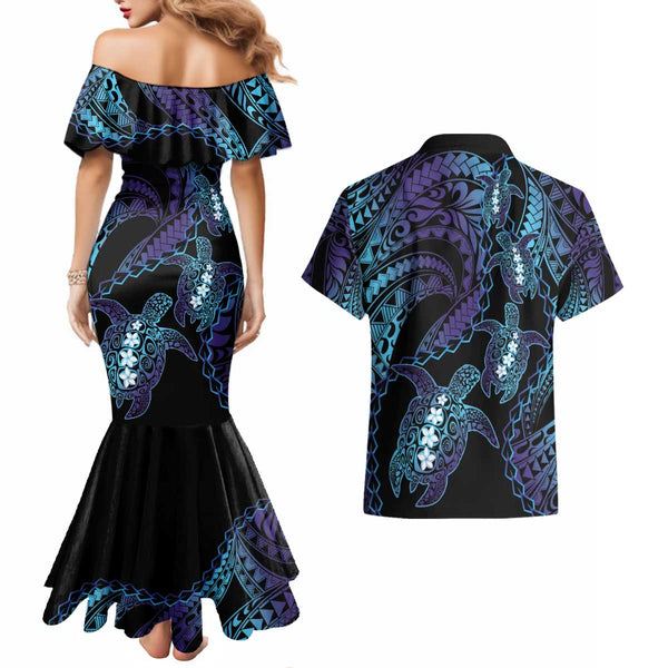 Custom Matching Hawaiian Outfits For Couples Dress and Hawaiian Shirt Polynesia Orange Sea Turtle Honu and Hammerhead Shark LT13