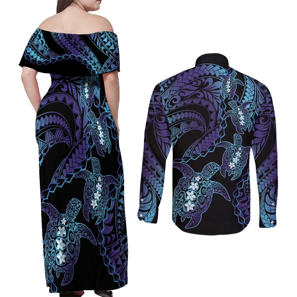 Polynesia Sea Turtle Day Couples Matching Off Shoulder Maxi Dress and Long Sleeve Button Shirt Tribal Honu Plumeria Polynesian Pattern