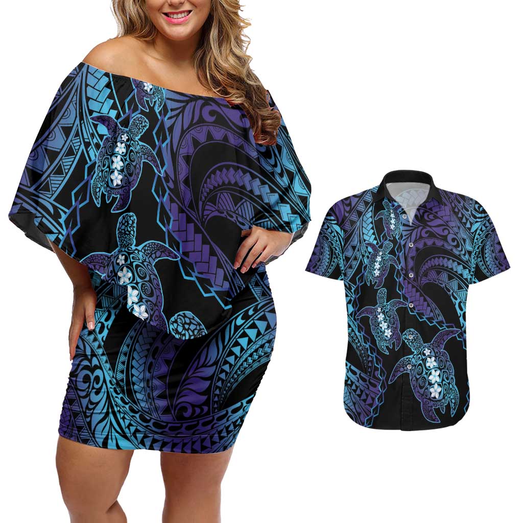 Polynesia Sea Turtle Day Couples Matching Off Shoulder Short Dress and Hawaiian Shirt Tribal Honu Plumeria Polynesian Pattern