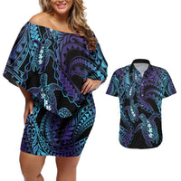 Polynesia Sea Turtle Day Couples Matching Off Shoulder Short Dress and Hawaiian Shirt Tribal Honu Plumeria Polynesian Pattern