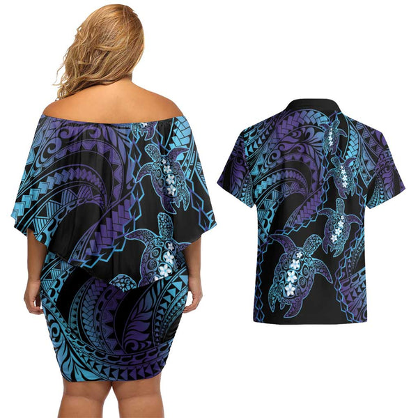 Custom Matching Hawaiian Outfits For Couples Dress and Hawaiian Shirt Polynesia Orange Sea Turtle Honu and Hammerhead Shark LT13 main image 0