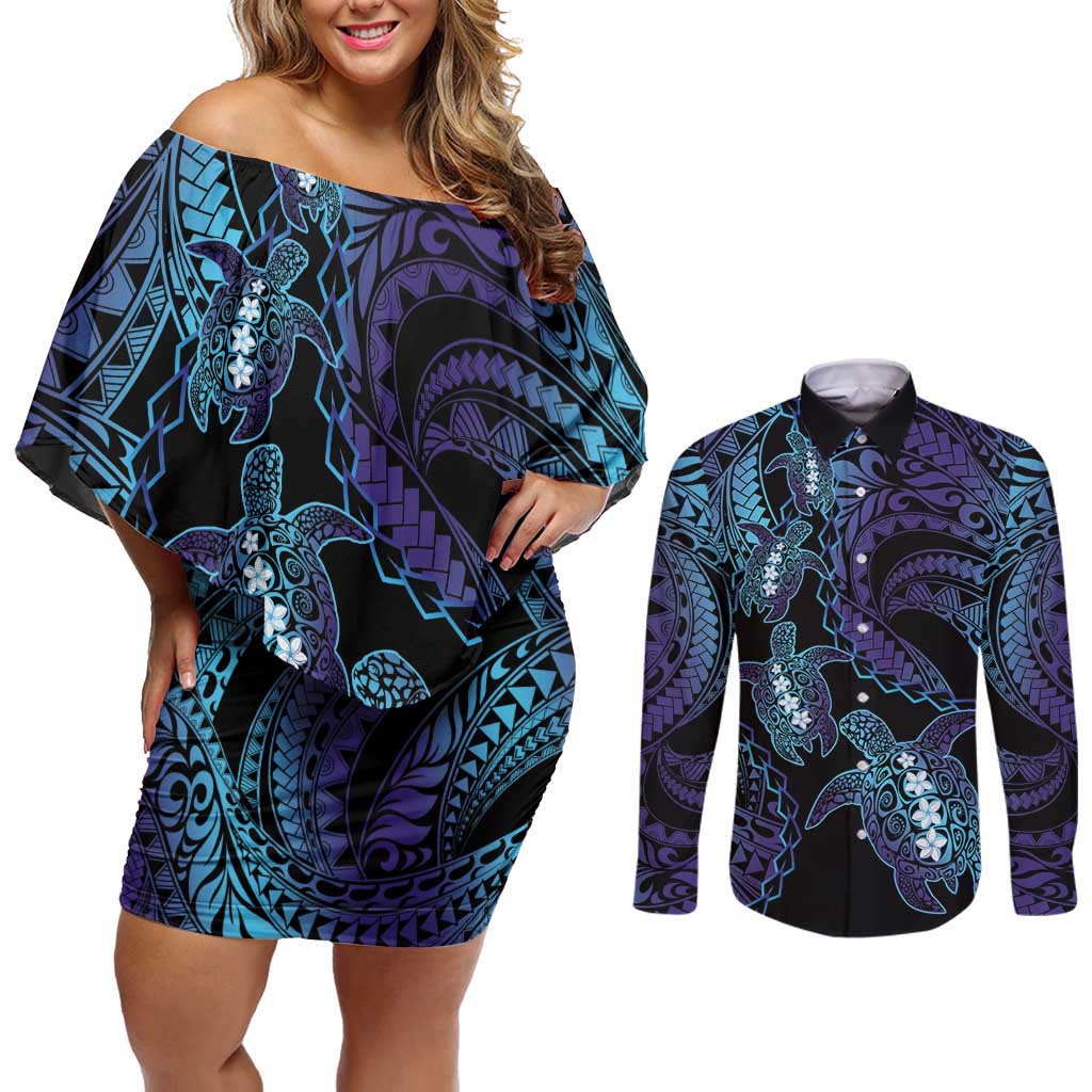 Polynesia Sea Turtle Day Couples Matching Off Shoulder Short Dress and Long Sleeve Button Shirt Tribal Honu Plumeria Polynesian Pattern