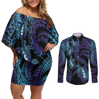 Polynesia Sea Turtle Day Couples Matching Off Shoulder Short Dress and Long Sleeve Button Shirt Tribal Honu Plumeria Polynesian Pattern