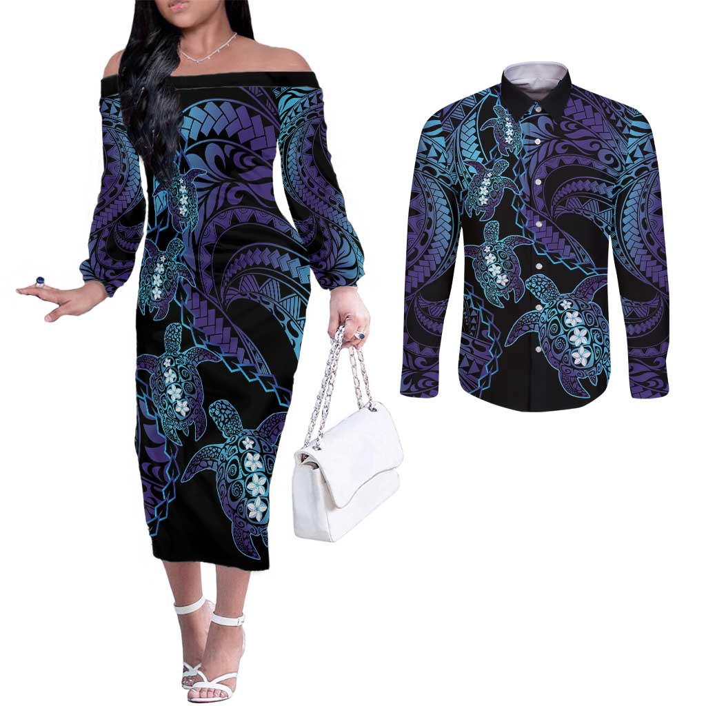 Polynesia Sea Turtle Day Couples Matching Off The Shoulder Long Sleeve Dress and Long Sleeve Button Shirt Tribal Honu Plumeria Polynesian Pattern