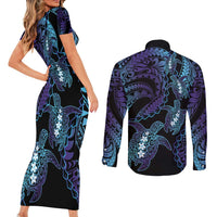 Polynesia Sea Turtle Day Couples Matching Short Sleeve Bodycon Dress and Long Sleeve Button Shirt Tribal Honu Plumeria Polynesian Pattern