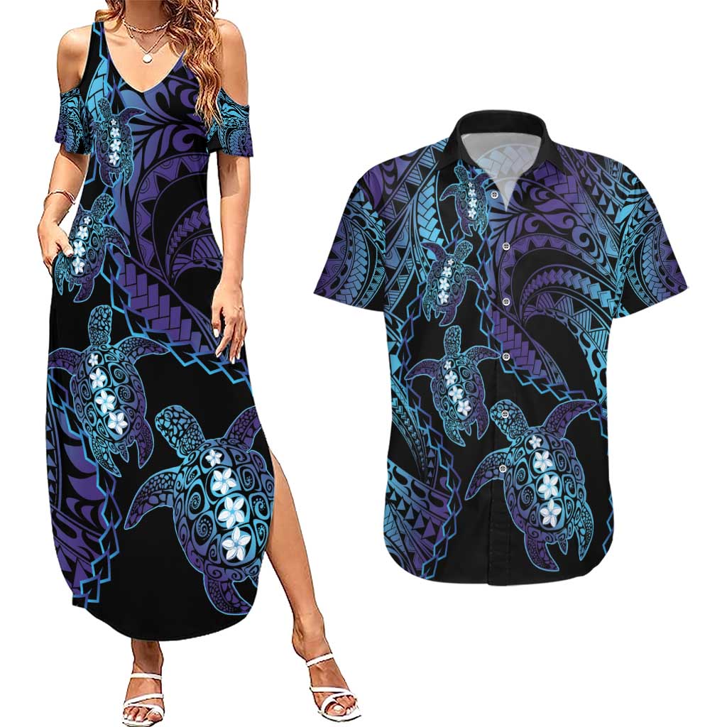 Polynesia Sea Turtle Day Couples Matching Summer Maxi Dress and Hawaiian Shirt Tribal Honu Plumeria Polynesian Pattern