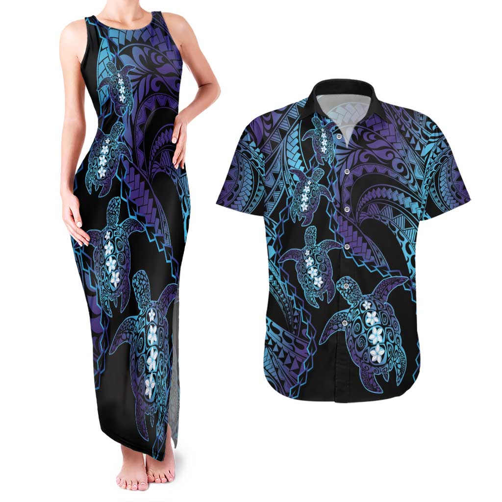 Polynesia Sea Turtle Day Couples Matching Tank Maxi Dress and Hawaiian Shirt Tribal Honu Plumeria Polynesian Pattern