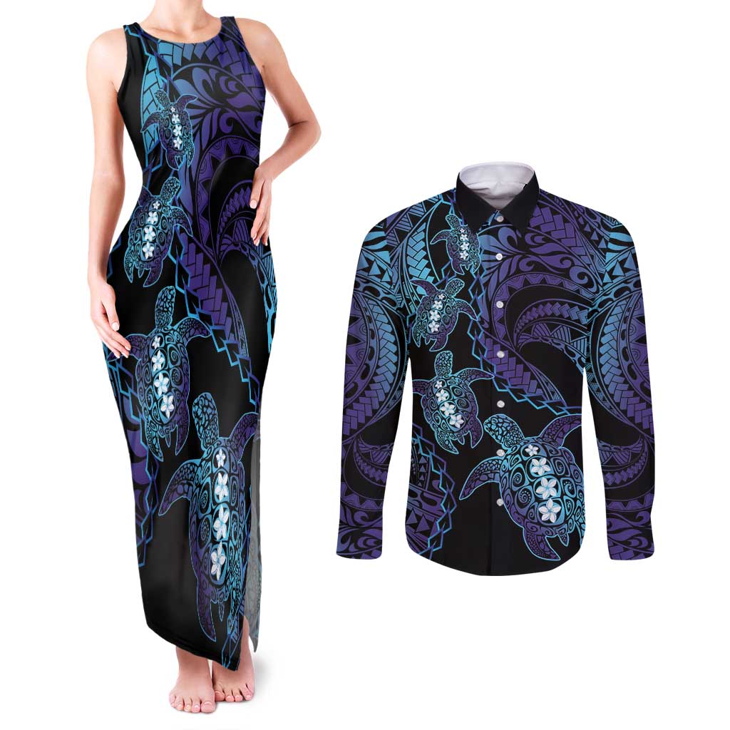 Polynesia Sea Turtle Day Couples Matching Tank Maxi Dress and Long Sleeve Button Shirt Tribal Honu Plumeria Polynesian Pattern