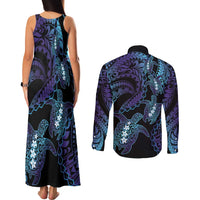 Polynesia Sea Turtle Day Couples Matching Tank Maxi Dress and Long Sleeve Button Shirt Tribal Honu Plumeria Polynesian Pattern