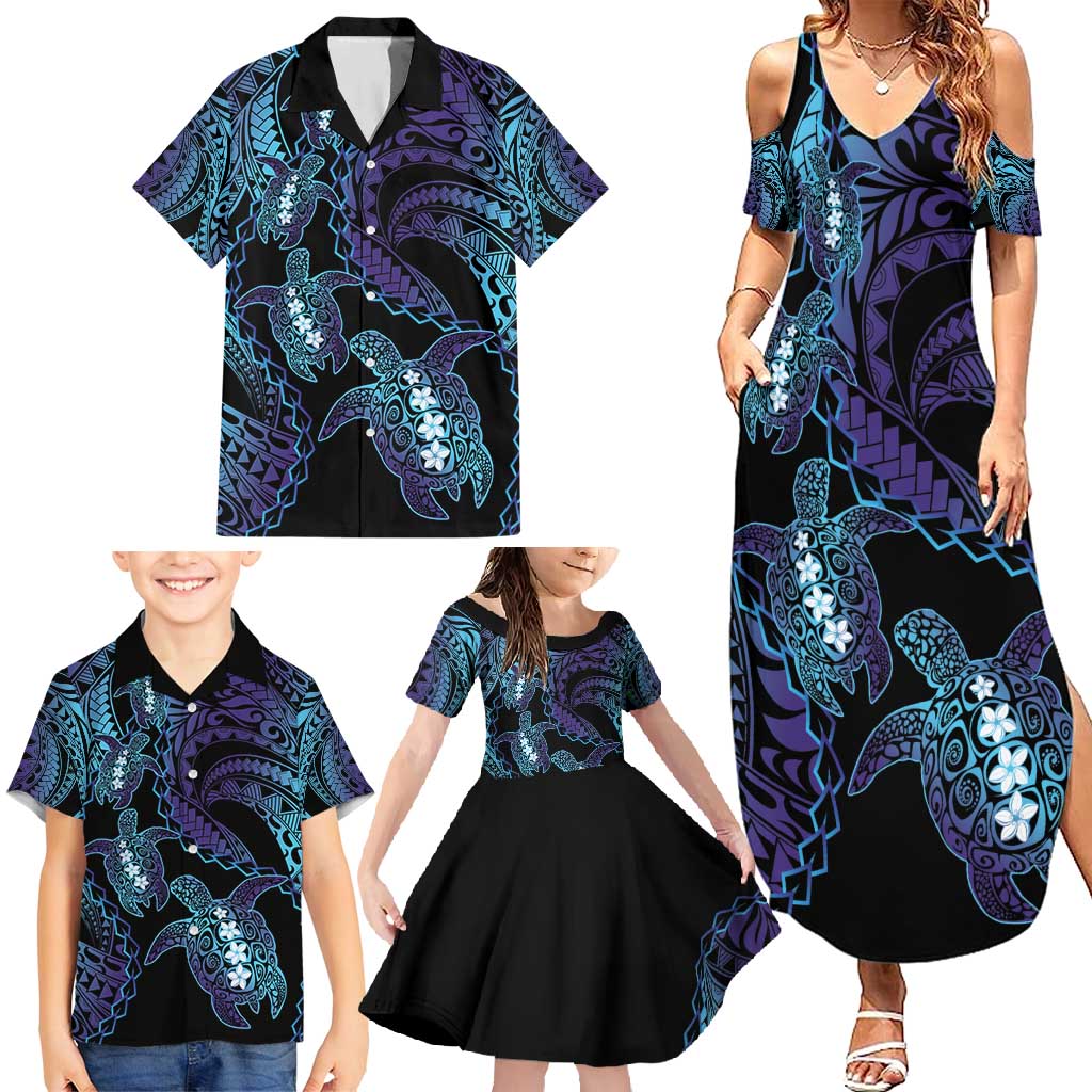Polynesia Sea Turtle Day Family Matching Summer Maxi Dress and Hawaiian Shirt Tribal Honu Plumeria Polynesian Pattern