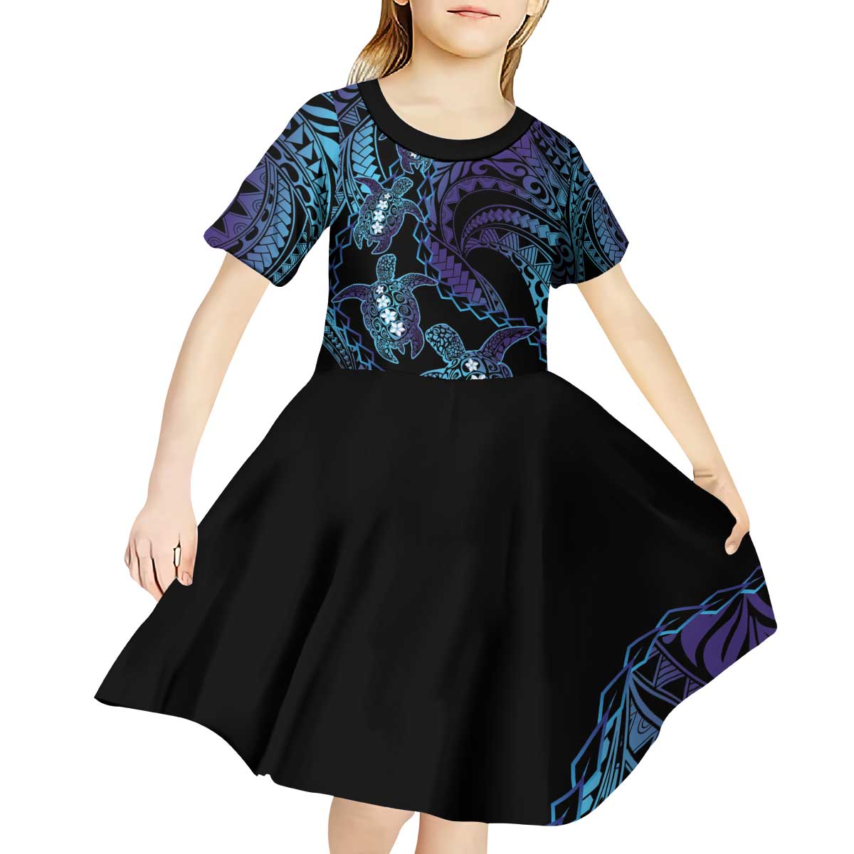 Polynesia Sea Turtle Day Kid Short Sleeve Dress Tribal Honu Plumeria Polynesian Pattern