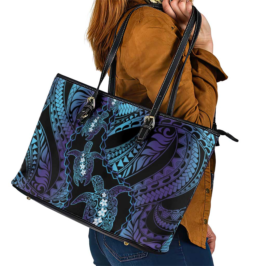 Polynesia Sea Turtle Day Leather Tote Bag Tribal Honu Plumeria Polynesian Pattern