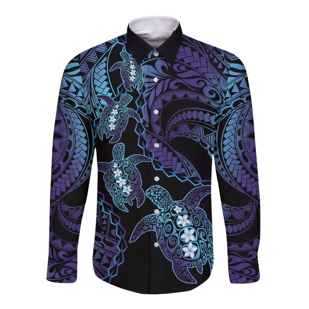 Polynesia Sea Turtle Day Long Sleeve Button Shirt Tribal Honu Plumeria Polynesian Pattern