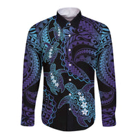 Polynesia Sea Turtle Day Long Sleeve Button Shirt Tribal Honu Plumeria Polynesian Pattern