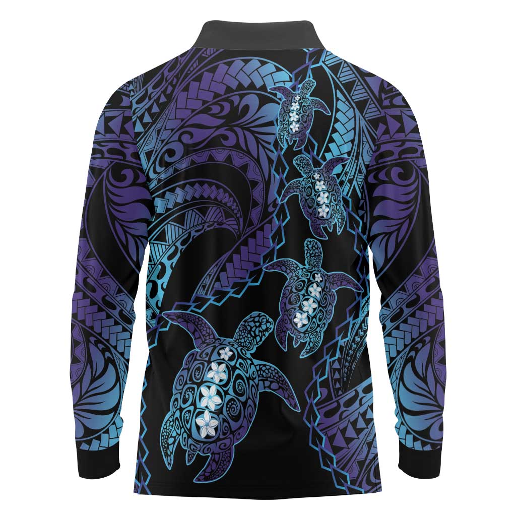 Polynesia Sea Turtle Day Long Sleeve Polo Shirt Tribal Honu Plumeria Polynesian Pattern