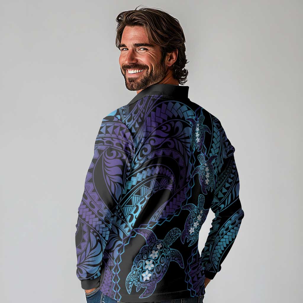 Polynesia Sea Turtle Day Long Sleeve Polo Shirt Tribal Honu Plumeria Polynesian Pattern