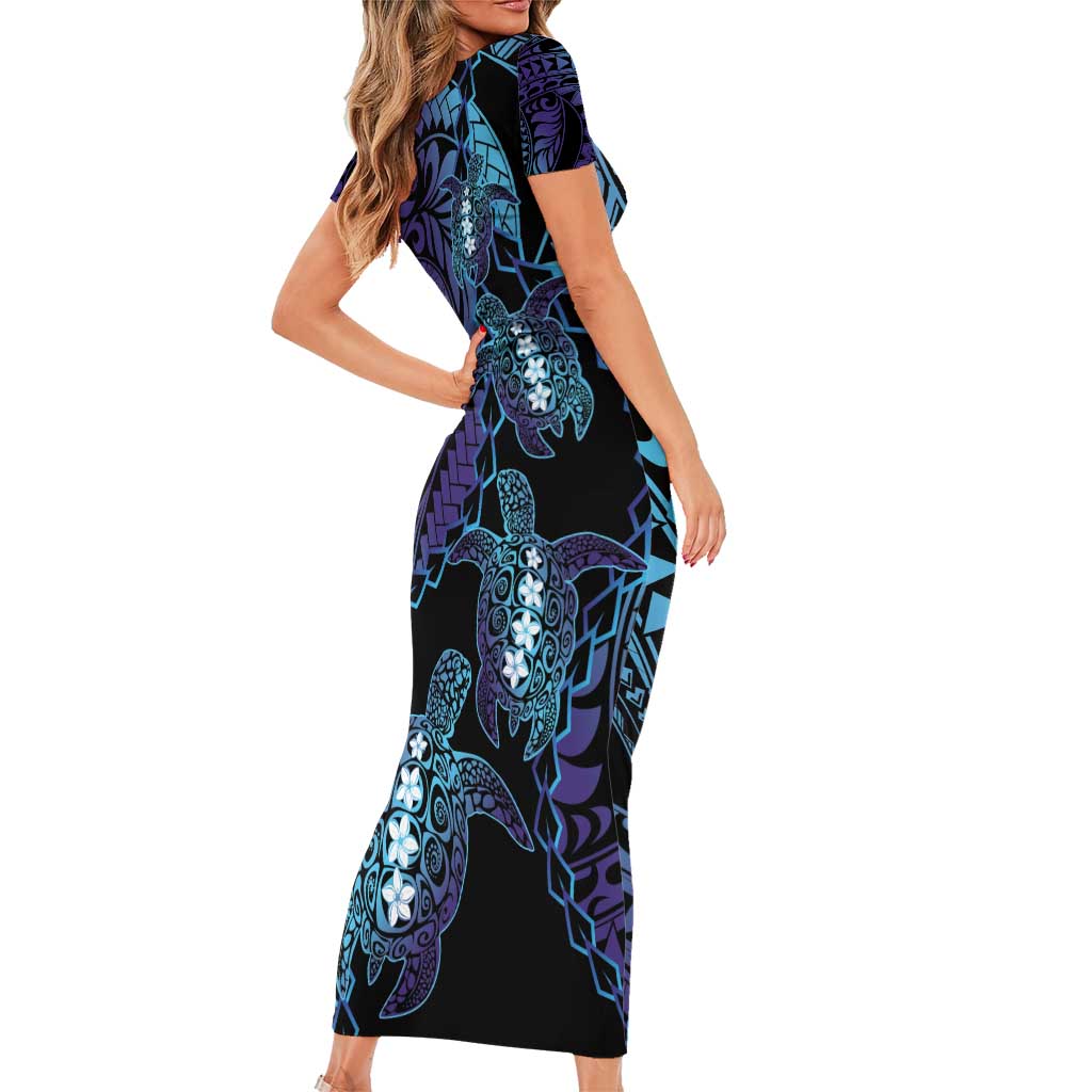 Polynesia Sea Turtle Day Short Sleeve Bodycon Dress Tribal Honu Plumeria Polynesian Pattern