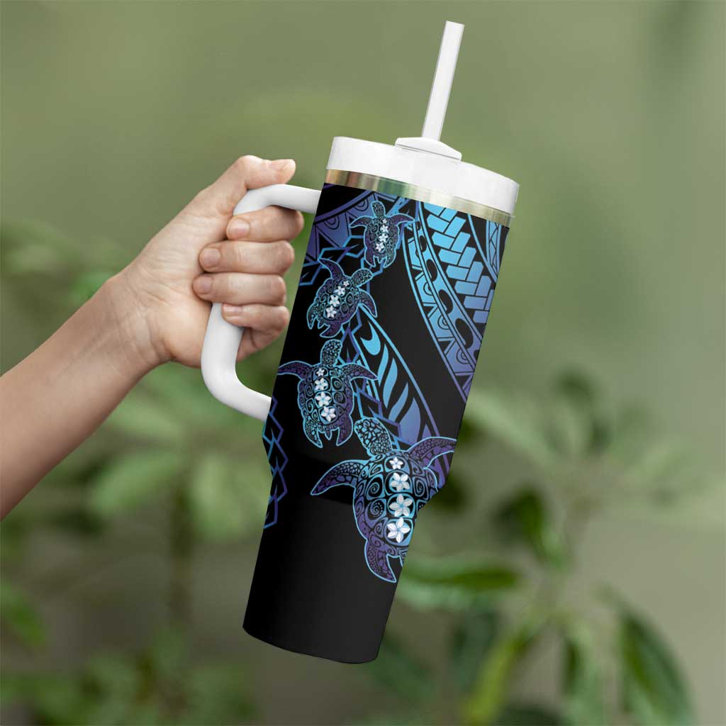 Polynesia Sea Turtle Day Tumbler With Handle Tribal Honu Plumeria Polynesian Pattern