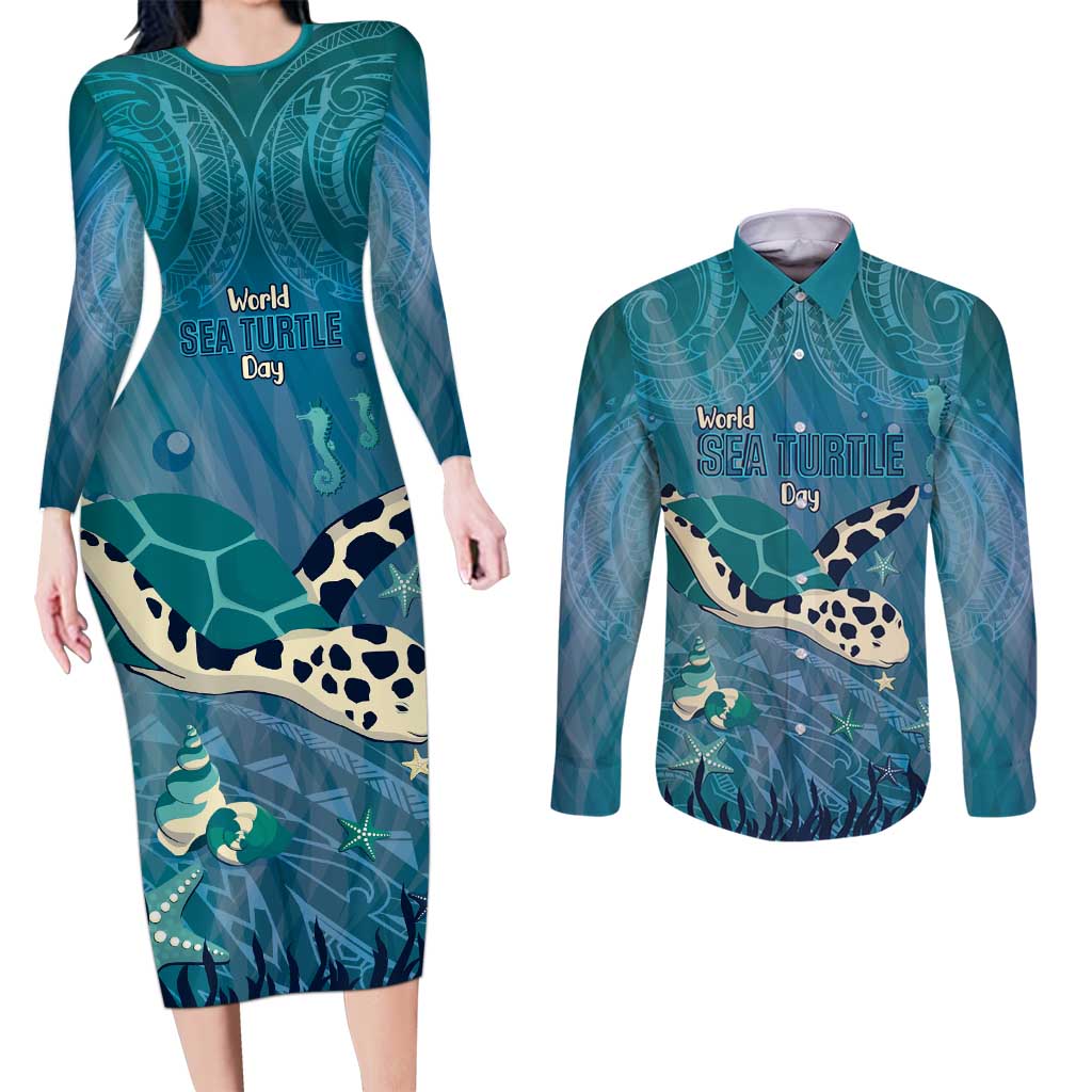 World Sea Turtle Day Polynesia Couples Matching Long Sleeve Bodycon Dress and Long Sleeve Button Shirt Go With The Flow