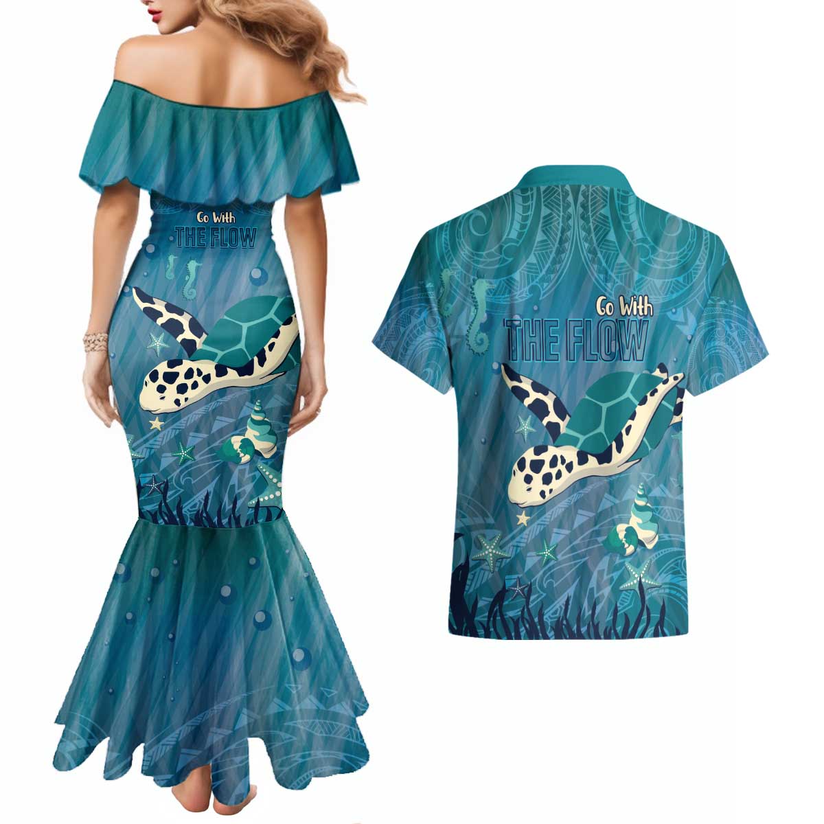 World Sea Turtle Day Polynesia Couples Matching Mermaid Dress and Hawaiian Shirt Go With The Flow