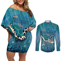 World Sea Turtle Day Polynesia Couples Matching Off Shoulder Short Dress and Long Sleeve Button Shirt Go With The Flow