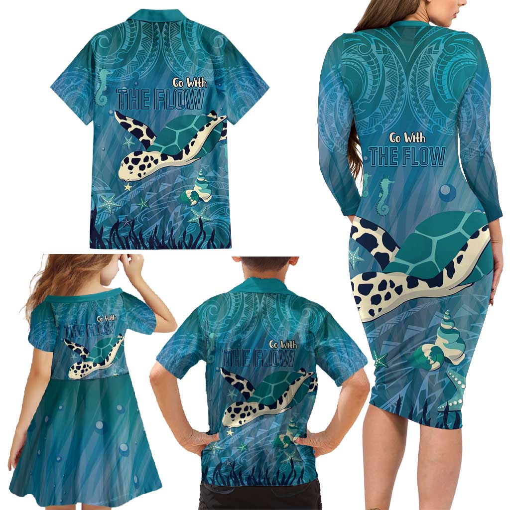 World Sea Turtle Day Polynesia Family Matching Long Sleeve Bodycon Dress and Hawaiian Shirt Go With The Flow