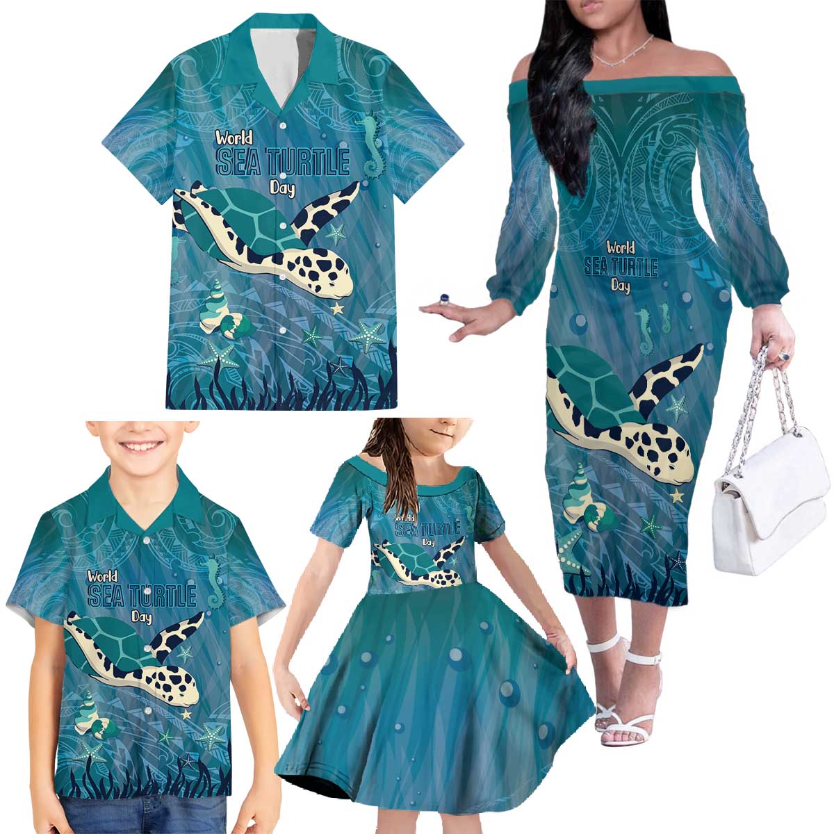 World Sea Turtle Day Polynesia Family Matching Off The Shoulder Long Sleeve Dress and Hawaiian Shirt Go With The Flow