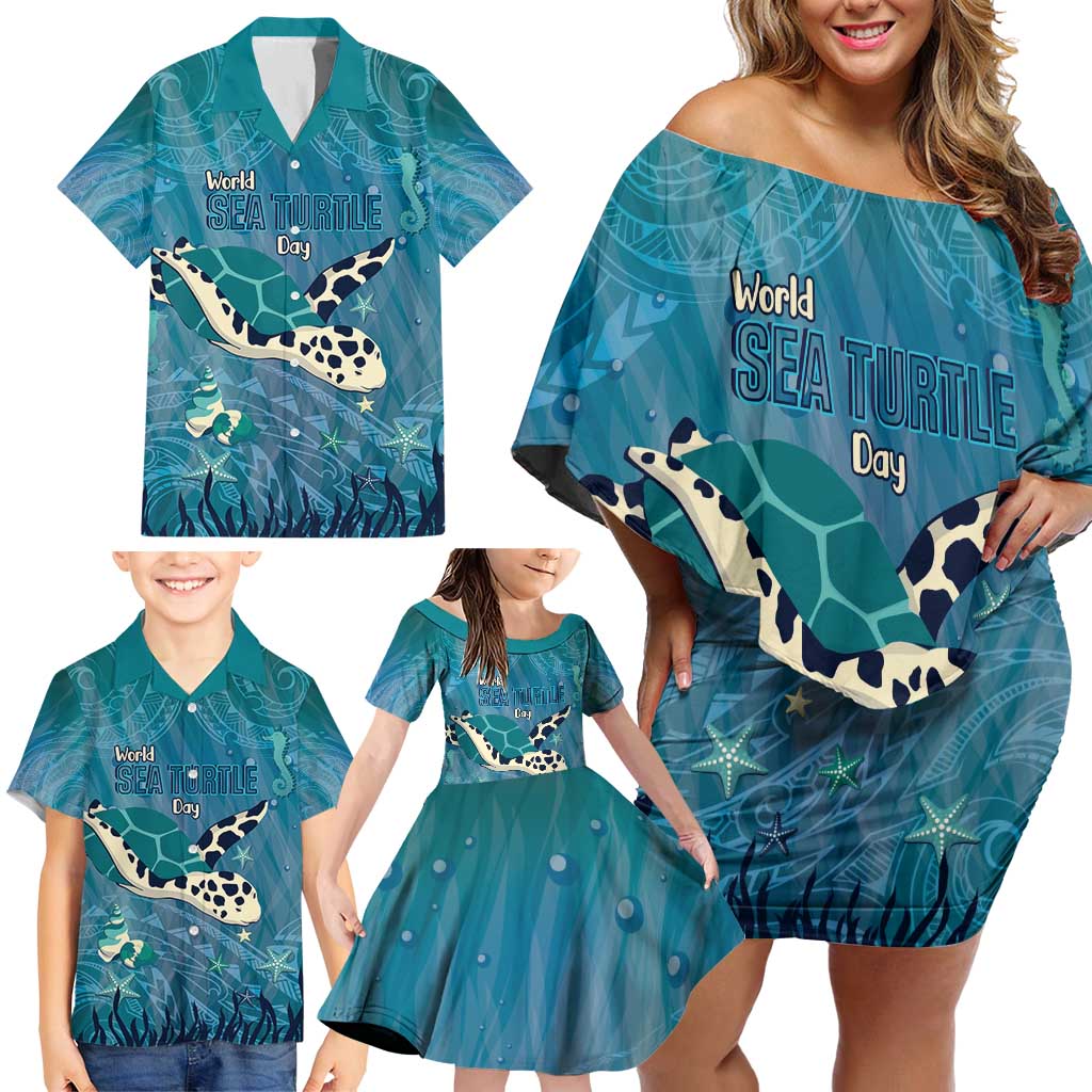 World Sea Turtle Day Polynesia Family Matching Off Shoulder Short Dress and Hawaiian Shirt Go With The Flow