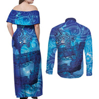 Kuri New Zealand Matariki Couples Matching Off Shoulder Maxi Dress and Long Sleeve Button Shirt Aotearoa Dog Waka Maori New Year Galaxy Vibes