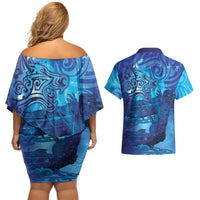 Kuri New Zealand Matariki Couples Matching Off Shoulder Short Dress and Hawaiian Shirt Aotearoa Dog Waka Maori New Year Galaxy Vibes