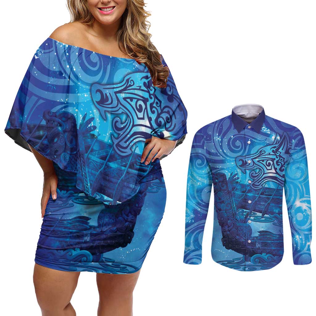 Kuri New Zealand Matariki Couples Matching Off Shoulder Short Dress and Long Sleeve Button Shirt Aotearoa Dog Waka Maori New Year Galaxy Vibes