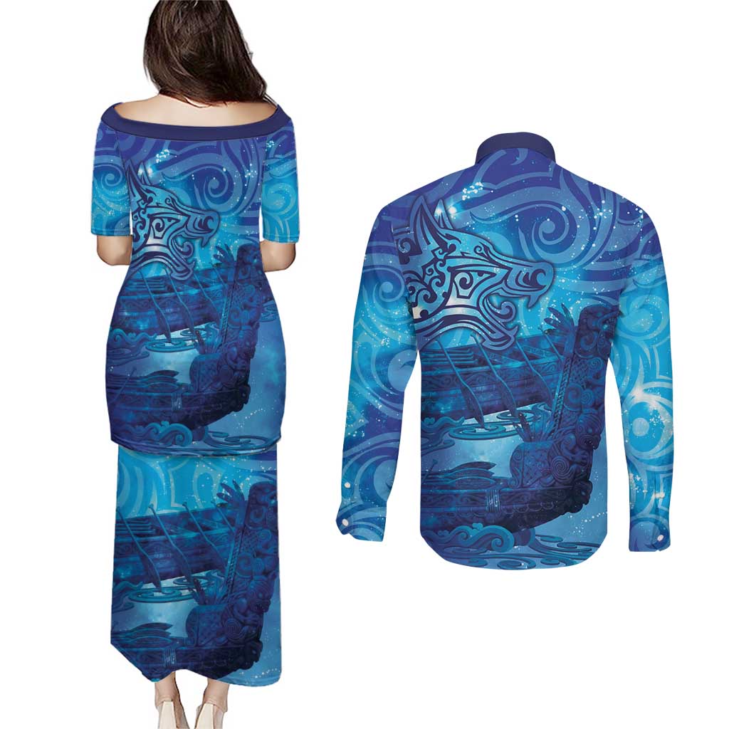 Kuri New Zealand Matariki Couples Matching Puletasi and Long Sleeve Button Shirt Aotearoa Dog Waka Maori New Year Galaxy Vibes