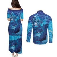 Kuri New Zealand Matariki Couples Matching Puletasi and Long Sleeve Button Shirt Aotearoa Dog Waka Maori New Year Galaxy Vibes