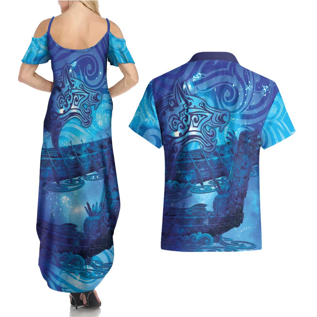 Kuri New Zealand Matariki Couples Matching Summer Maxi Dress and Hawaiian Shirt Aotearoa Dog Waka Maori New Year Galaxy Vibes