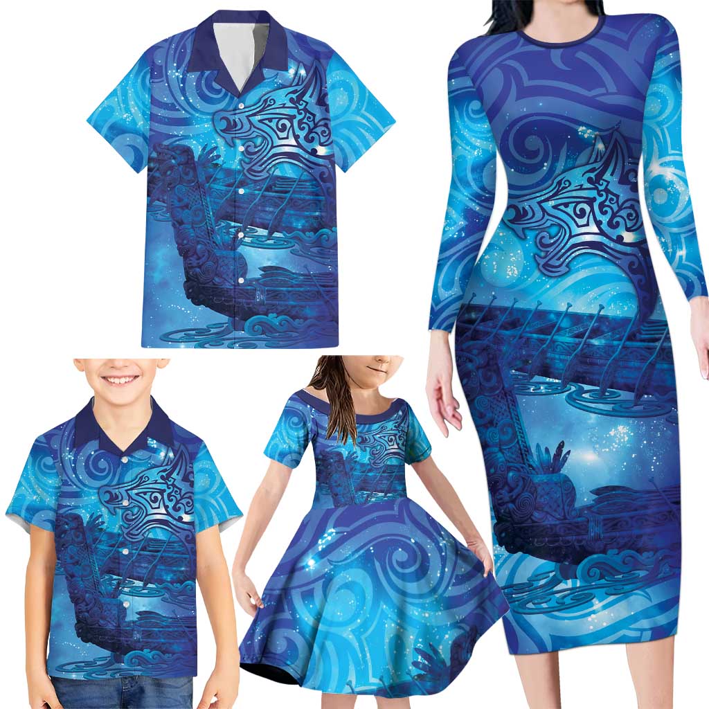 Kuri New Zealand Matariki Family Matching Long Sleeve Bodycon Dress and Hawaiian Shirt Aotearoa Dog Waka Maori New Year Galaxy Vibes