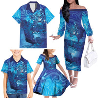 Kuri New Zealand Matariki Family Matching Off The Shoulder Long Sleeve Dress and Hawaiian Shirt Aotearoa Dog Waka Maori New Year Galaxy Vibes