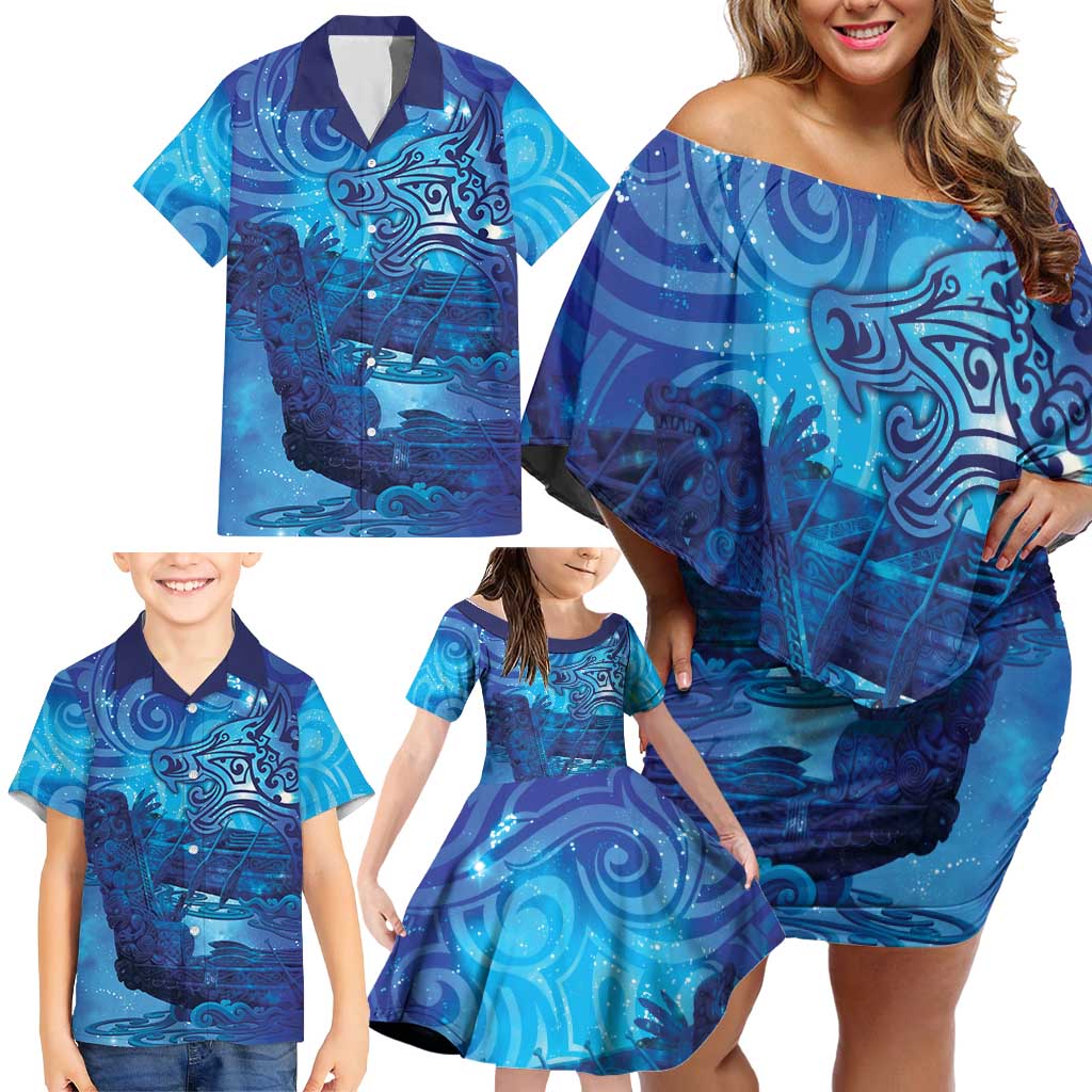 Kuri New Zealand Matariki Family Matching Off Shoulder Short Dress and Hawaiian Shirt Aotearoa Dog Waka Maori New Year Galaxy Vibes