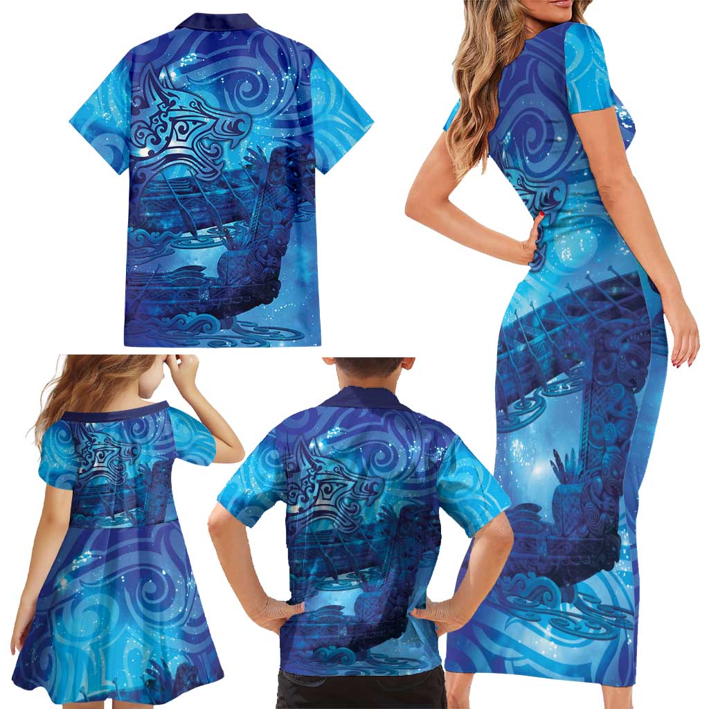 Kuri New Zealand Matariki Family Matching Short Sleeve Bodycon Dress and Hawaiian Shirt Aotearoa Dog Waka Maori New Year Galaxy Vibes